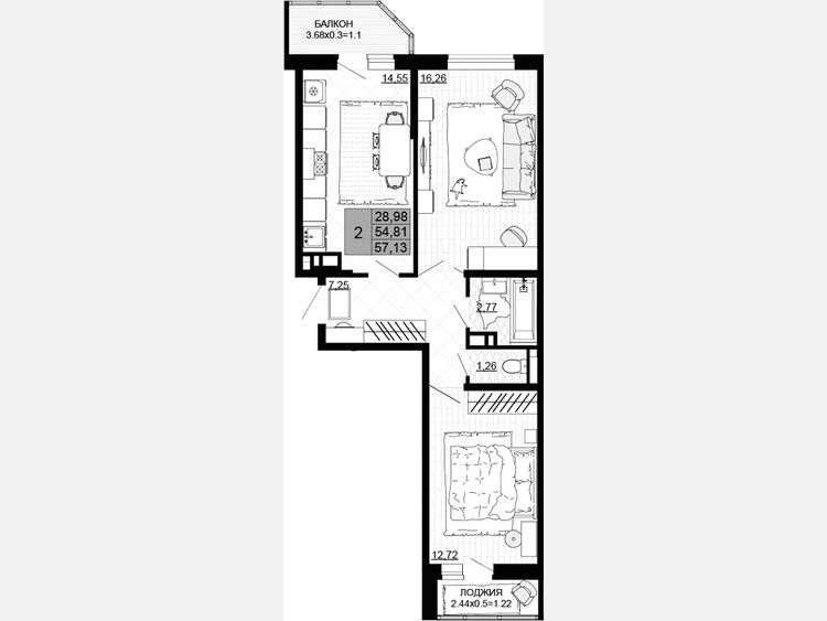 2-комнатная квартира, 54.81 м², 4/12 этаж фото 0