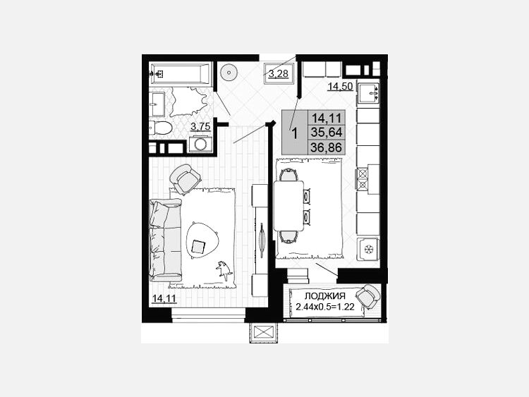1-комнатная квартира, 35.64 м², 3/12 этаж фото 0