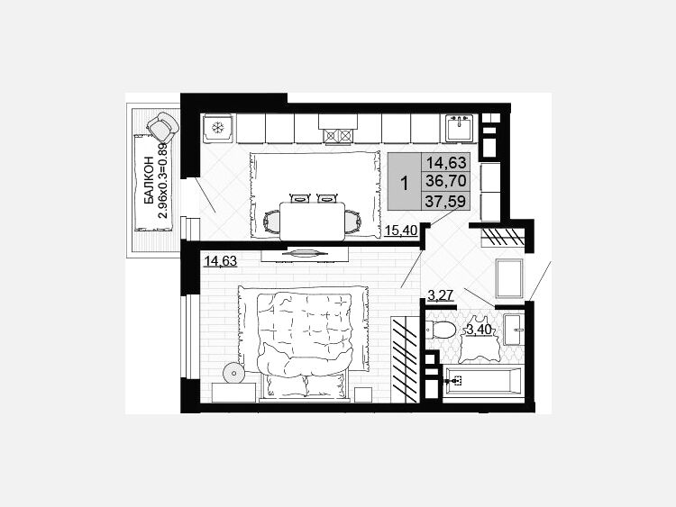 1-комнатная квартира, 36.70 м², 8/12 этаж фото 0