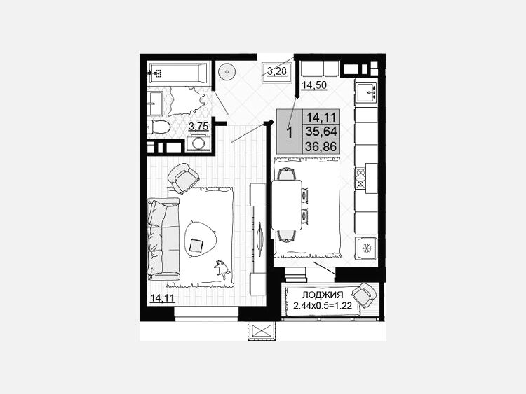 1-комнатная квартира, 35.64 м², 6/12 этаж фото 0