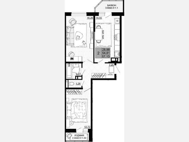 2-комнатная квартира, 54.81 м², 11/12 этаж фото 0