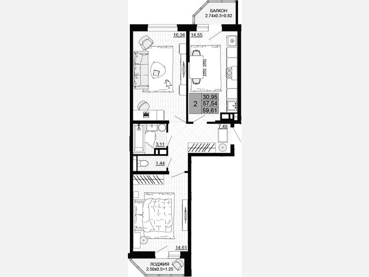 2-комнатная квартира, 57.54 м², 9/12 этаж фото 0