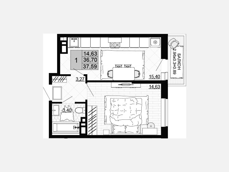 1-комнатная квартира, 36.70 м², 10/12 этаж фото 0