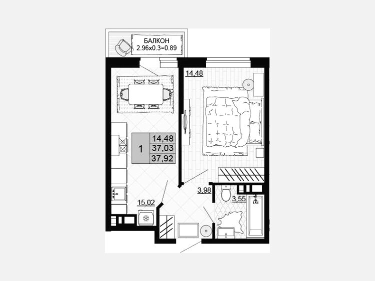 1-комнатная квартира, 37.03 м², 3/12 этаж фото 0