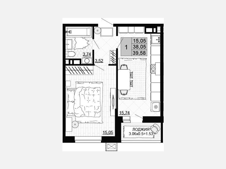 1-комнатная квартира, 38.05 м², 4/12 этаж фото 0