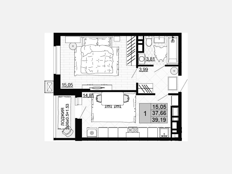 1-комнатная квартира, 37.66 м², 12/12 этаж фото 0