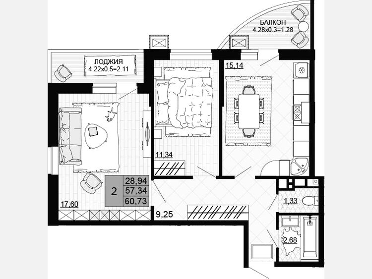 2-комнатная квартира, 57.34 м², 3/12 этаж фото 0